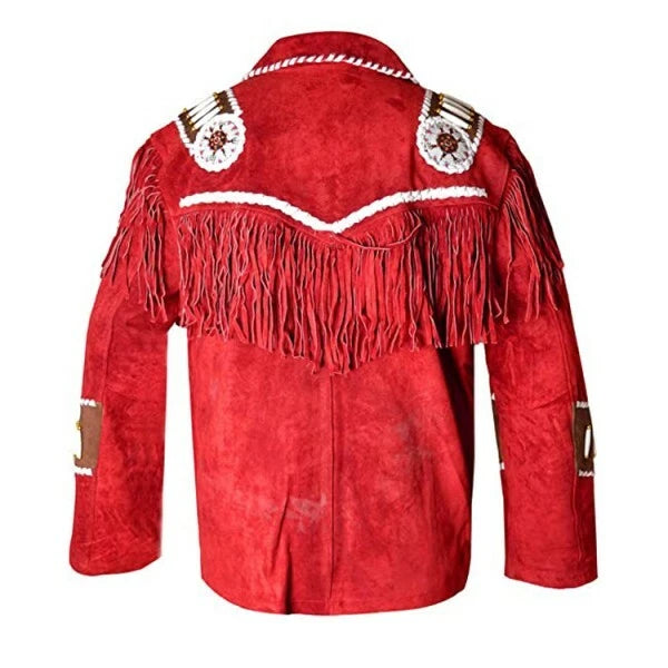 Women American Native Red Contrast Suede Leather Jacket Fringed & Beaded