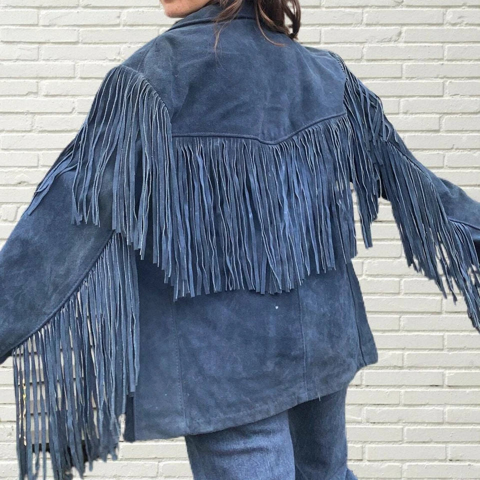 Women Blue Suede Leather Jacket With Fringes - American Native Western Style