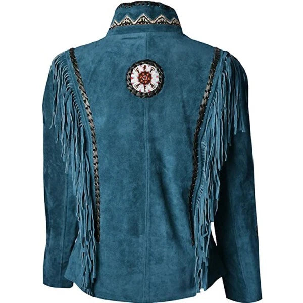 Women Suede Leather American Native Style Jacket Fringed & Beaded - Blue