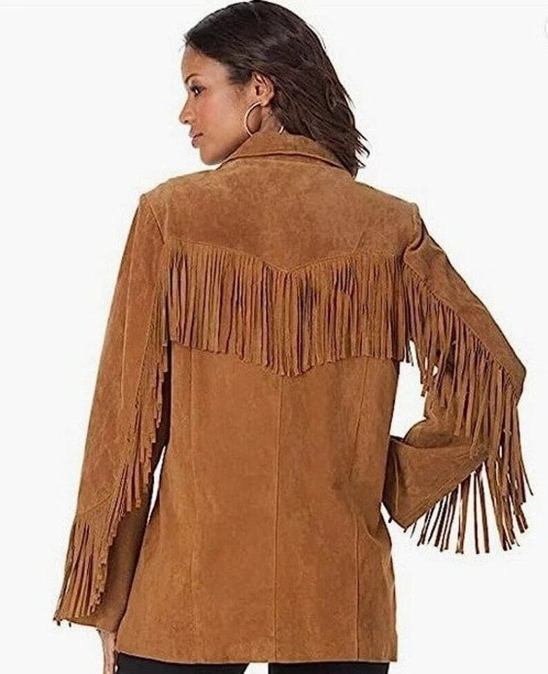 Women Brown Western Style Suede Leather Coat Fringed With Buttons Closure
