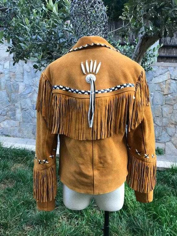 Women Tan Brown Western Style Suede Leather Jacket Fringe & Contrast Thread Work