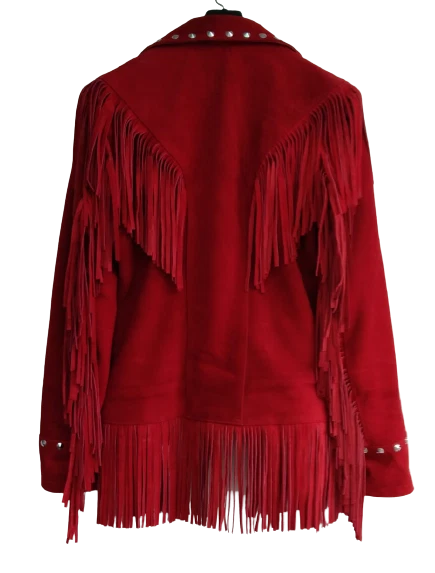 Women Red Suede Leather American Native Western Style Jacket With Fringes