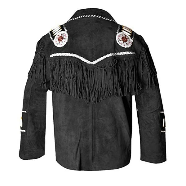 Women Black Contrast Suede Leather Jacket Fringed & Beaded - American Native