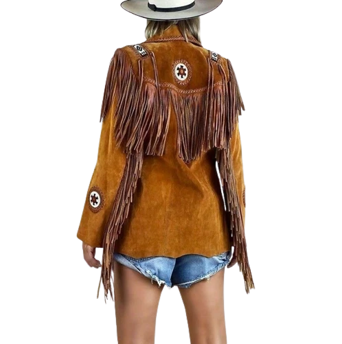 Women Brown Western Cowboy Style Suede Leather Jacket With Fringe & Beaded Work