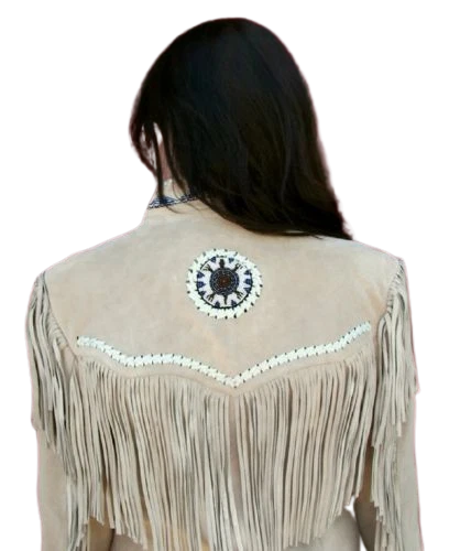 Women Beige White Suede Leather Jacket Fringed & Beaded - American Native