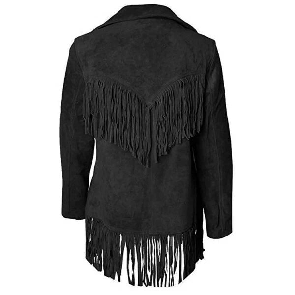 Women Suede Leather American Native Style Jacket Fringed - Black