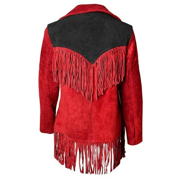 Women Suede Leather American Native Style Jacket Fringed - Red & Black