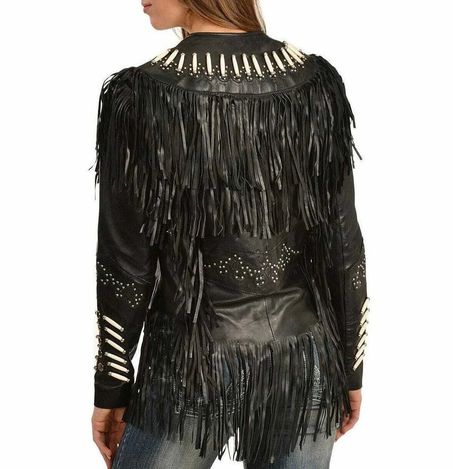 Women Western Style Real Leather Jacket Fringes & Bead Work - Black Real Leather