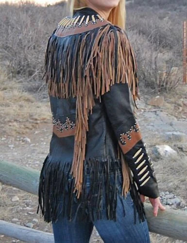 Women Native American Western Cowboy Real Leather Jacket Contrast Fringe & Bead