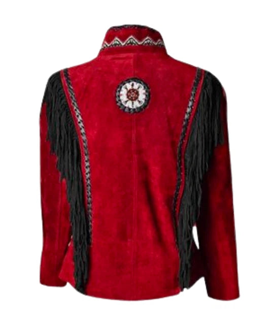 Women Suede Leather American Native Style Jacket Fringed & Beaded - Red & Black