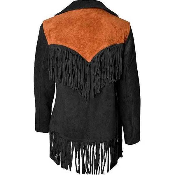 Women Suede Leather American Native Style Jacket Fringed - Black & Brown