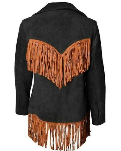 Women Suede Leather American Native Style Jacket Fringed & Beaded - Red & Black