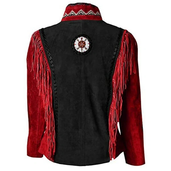 Women Suede Leather American Native Style Jacket Fringed & Beaded - Red & Black