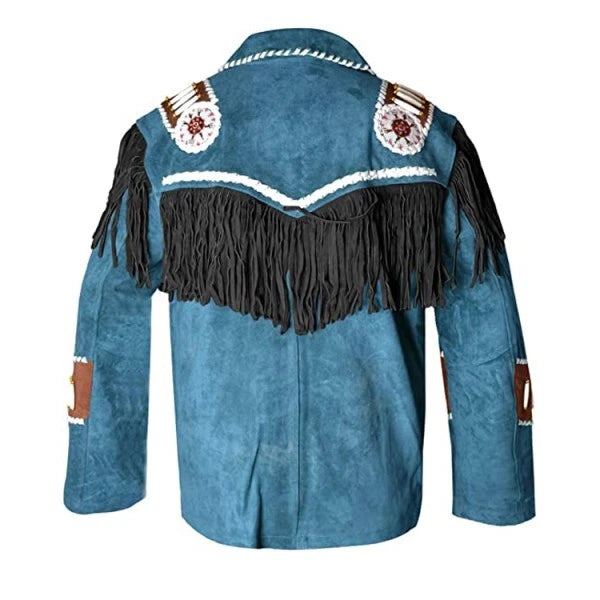 Women Blue Contrast Suede Leather Jacket Fringed & Beaded - American Native