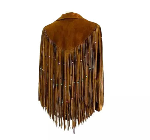 Women Brown Western Style Suede Leather Jacket Long Fringes With Beads