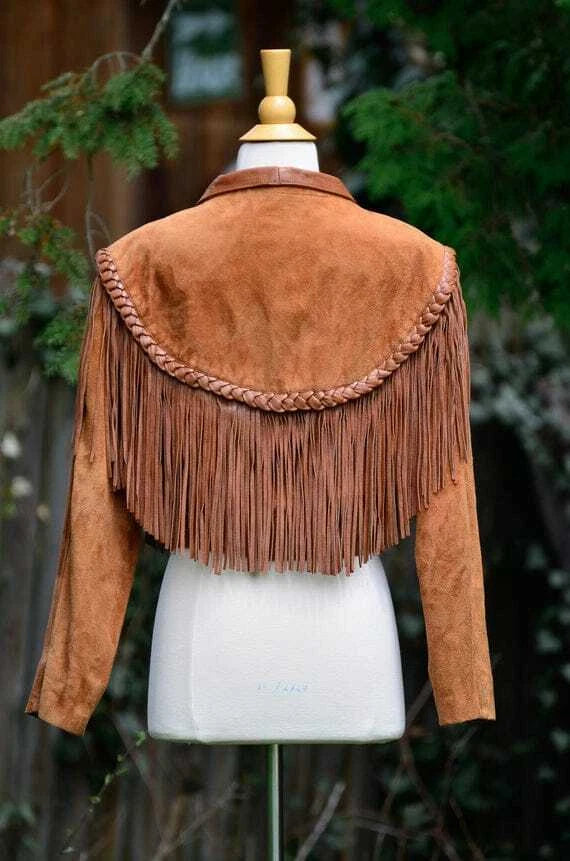 Women Brown Western Style Suede Leather Jacket With Long Real Leather Fringes