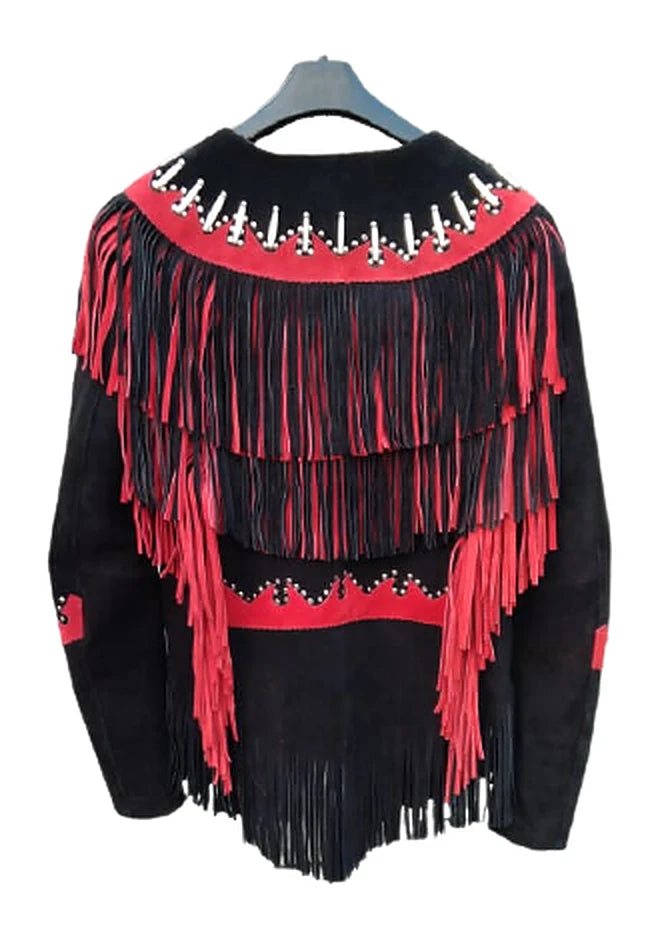 Women Black Suede Leather Jacket With Contrast Red Fringes & Beaded Work