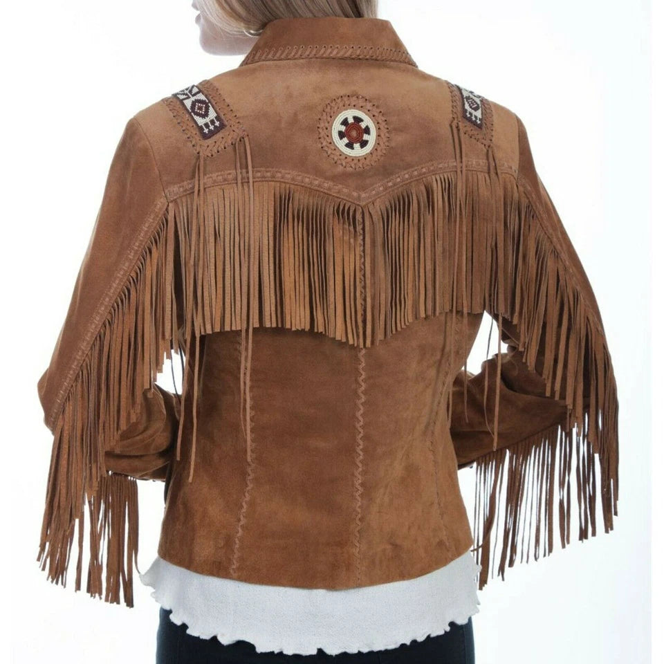 Women Western Style Suede Leather Jacket With Fringed & Beaded - Brown