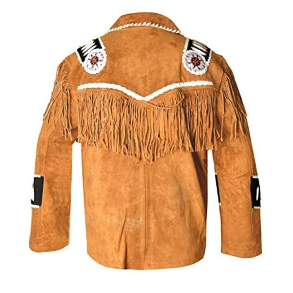 Women Golden Brown Suede Leather Jacket Fringed & Beaded - American Native