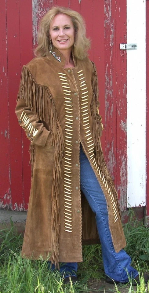 Women Tan Brown Western Style Suede Leather Coat With Fringe - Long Coat