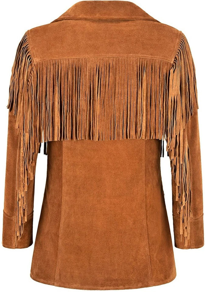 Women Tan Brown Western Style Suede Leather Coat Fringed With Buttons Closure