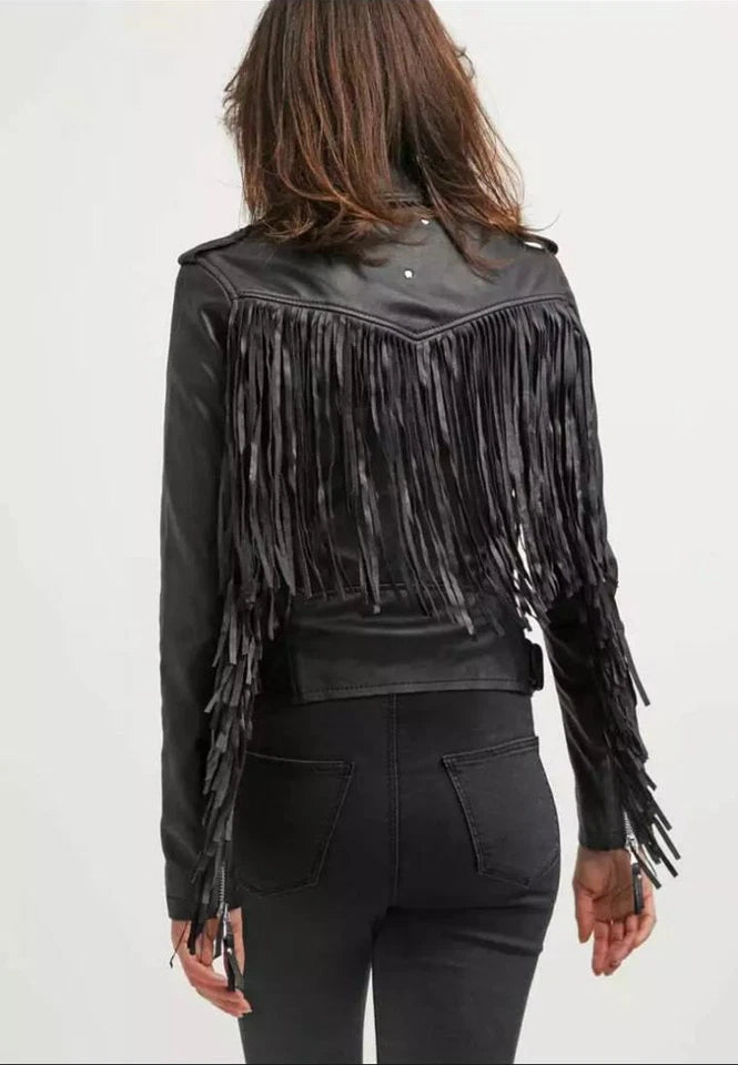 Women Black Real Leather Short Body Brando Style Jacket With Fringes