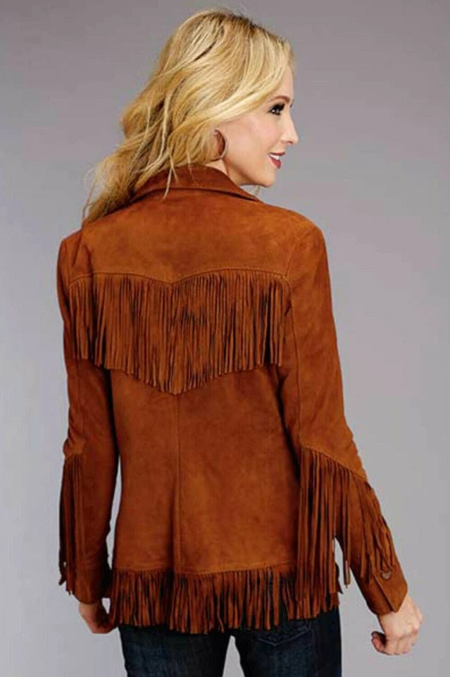 Women Suede Leather Western Style Jacket With Fringe - Reddish Brown
