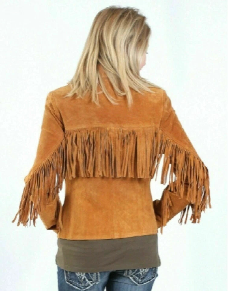 Women Western Style Suede Leather Jacket Fringe & Zip Closure - Tan Brown