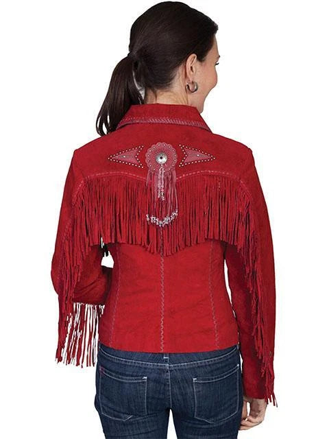 Women Red Suede Leather Jacket With Fringed & Bead Work - Short Length  Sema
