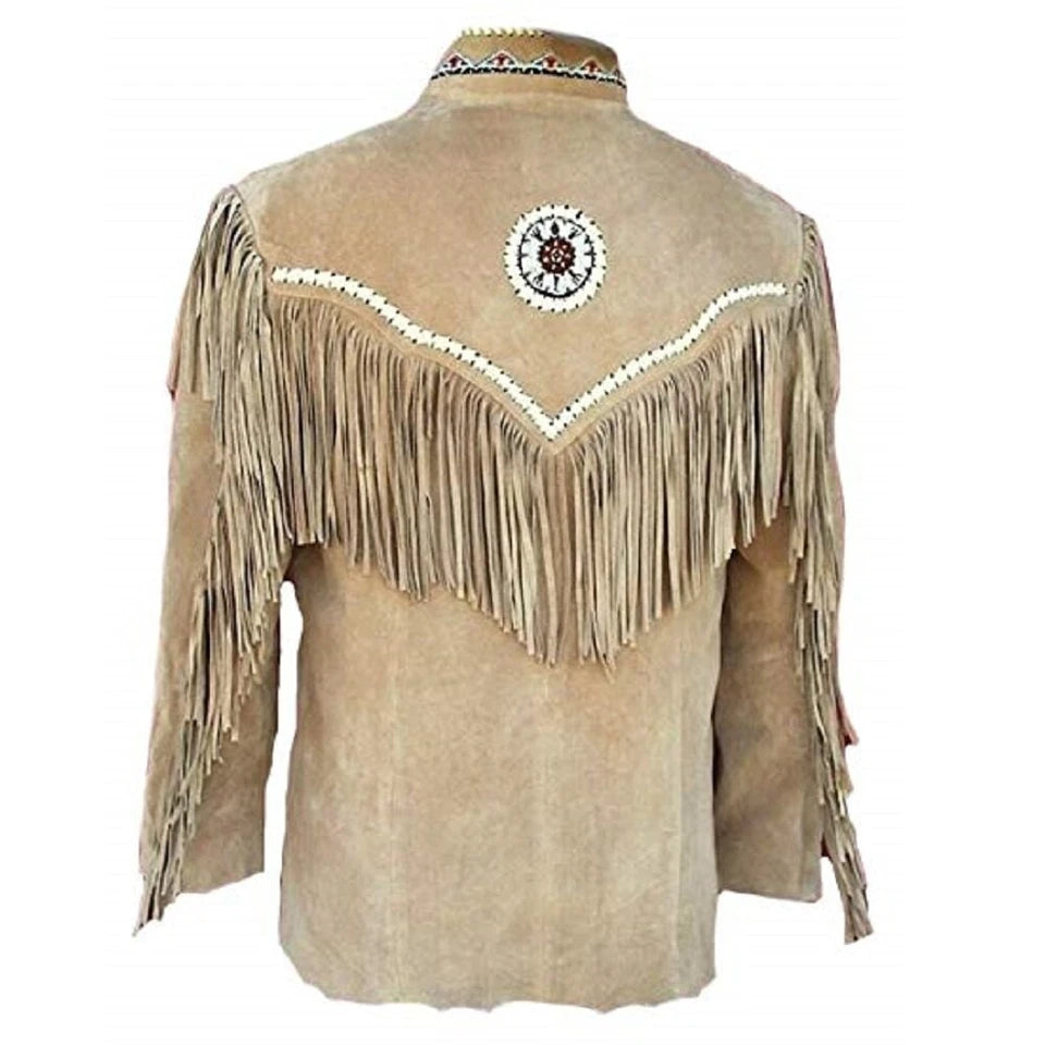 Men Western Cowboy Suede Fringe Jacket Beaded Native American Leather Jacket