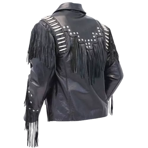 Men Western Cowboy Fringe Jacket Beaded Native American Real Leather Jacket