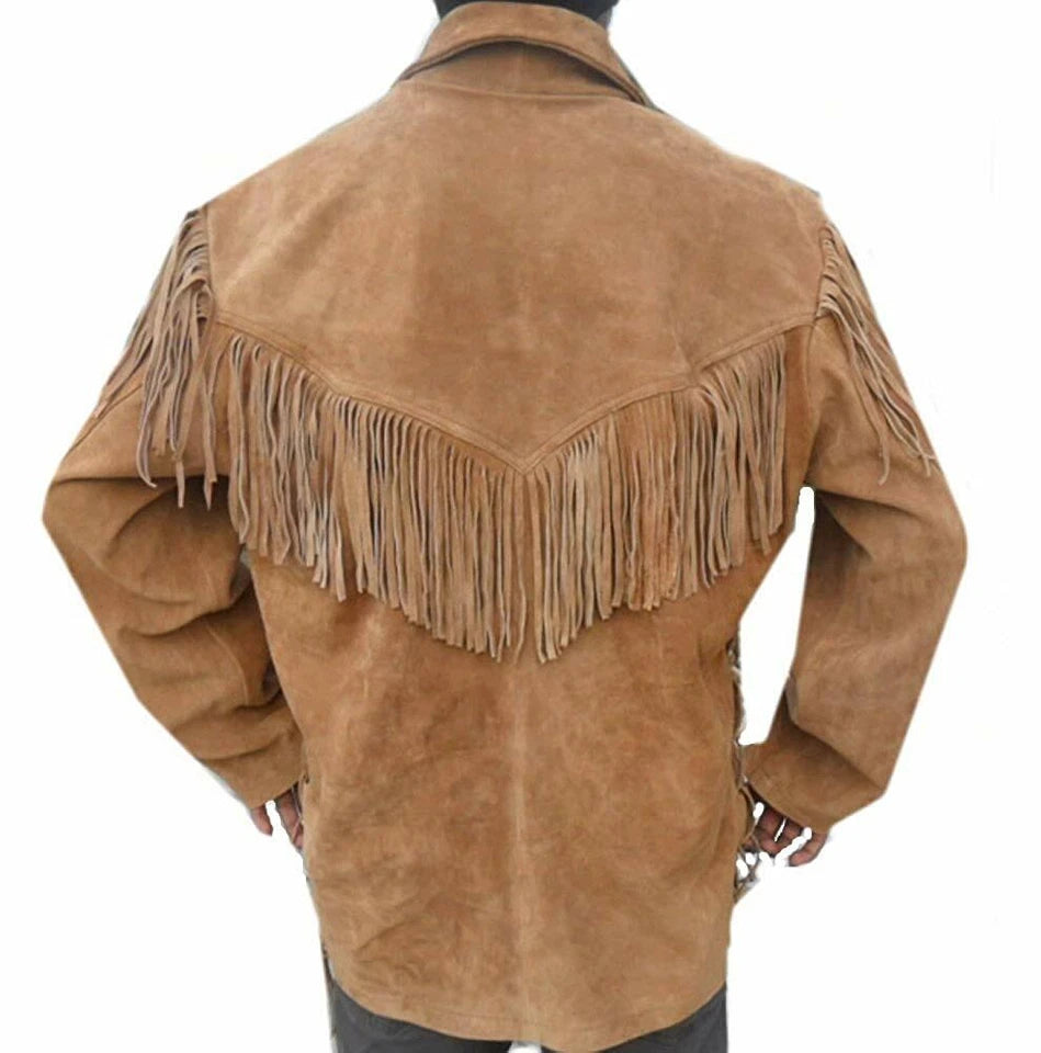 Men Western Cowboy Suede Fringe Shirt Native American Fringe Leather Jacket