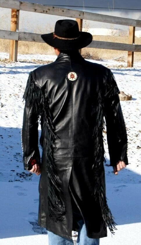 Men Black Real Leather Western Style Cowboy Coat Fringed & Beaded - Long Coat