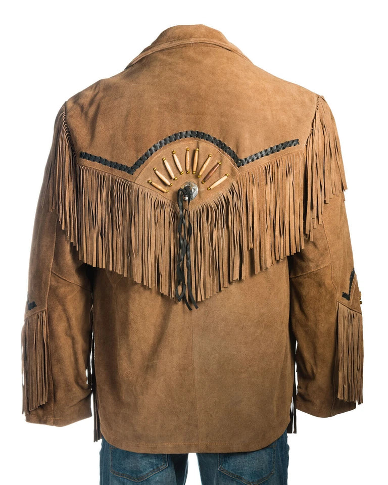 Men Western Cowboy Suede Fringe Jacket Beaded Native American Leather Jacket