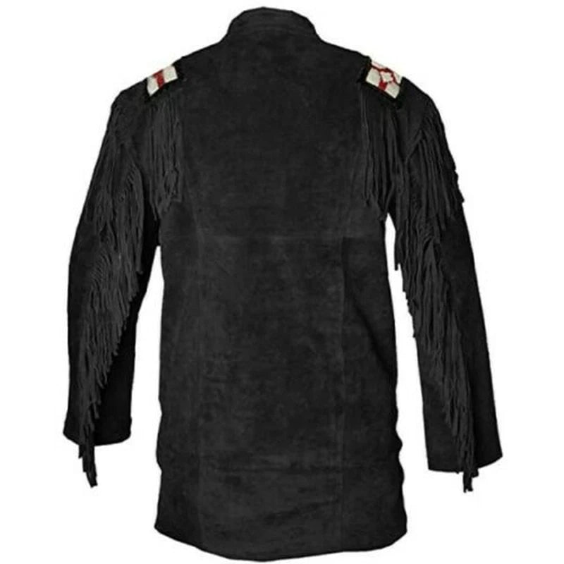 Men Western Cowboy Suede Fringe Shirt Beaded Native American Leather Jacket