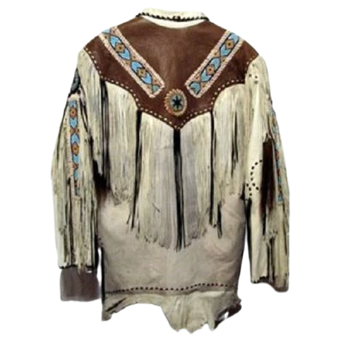 Men Western Cowboy Fringe Jacket Beaded Native American Real Leather Jacket