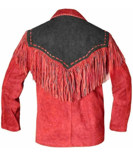 Men Western Cowboy Suede Fringe Jacket Beaded Native American Leather Jacket