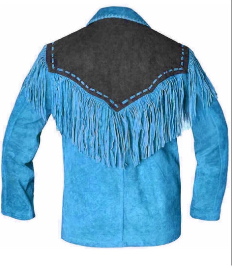 Men Western Cowboy Suede Fringe Jacket Beaded Native American Leather Jacket