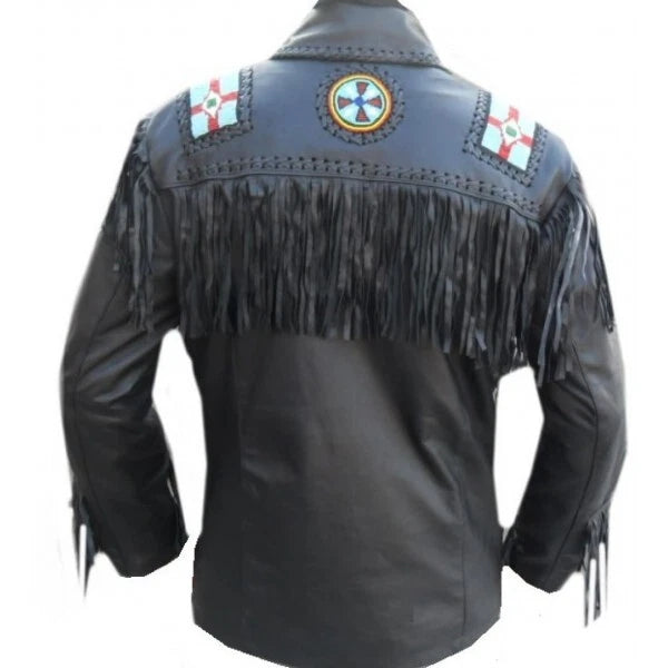 Men Western Cowboy Fringe Jacket Beaded Native American Real Leather Jacket