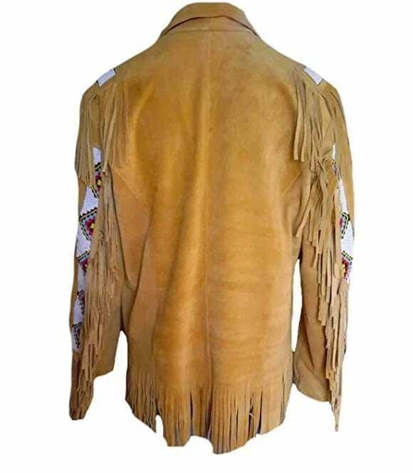 Men Western Cowboy Suede Fringe Jacket Beaded Native American Leather Jacket