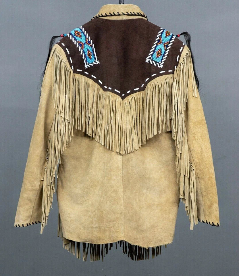 Men Western Cowboy Suede Fringe Jacket Beaded Native American Leather Jacket