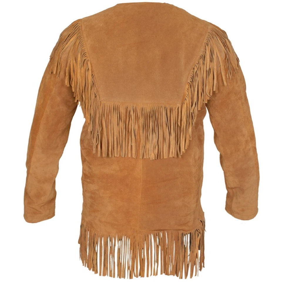 Men Western Cowboy Suede Fringe Shirt Native American Fringe Leather Jacket