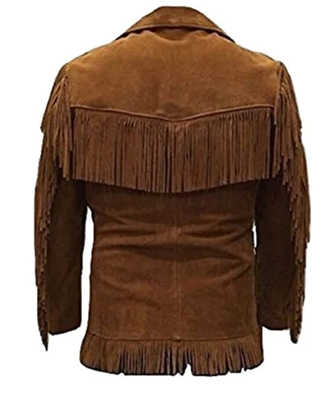 Men Western Cowboy Suede Fringe Jacket Native American Fringe Leather Jacket