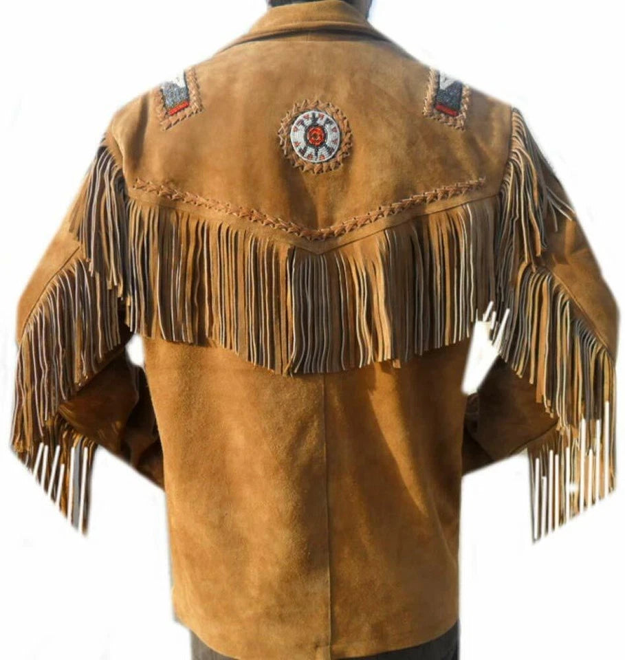 Men Western Cowboy Suede Fringe Jacket Beaded Native American Leather Jacket
