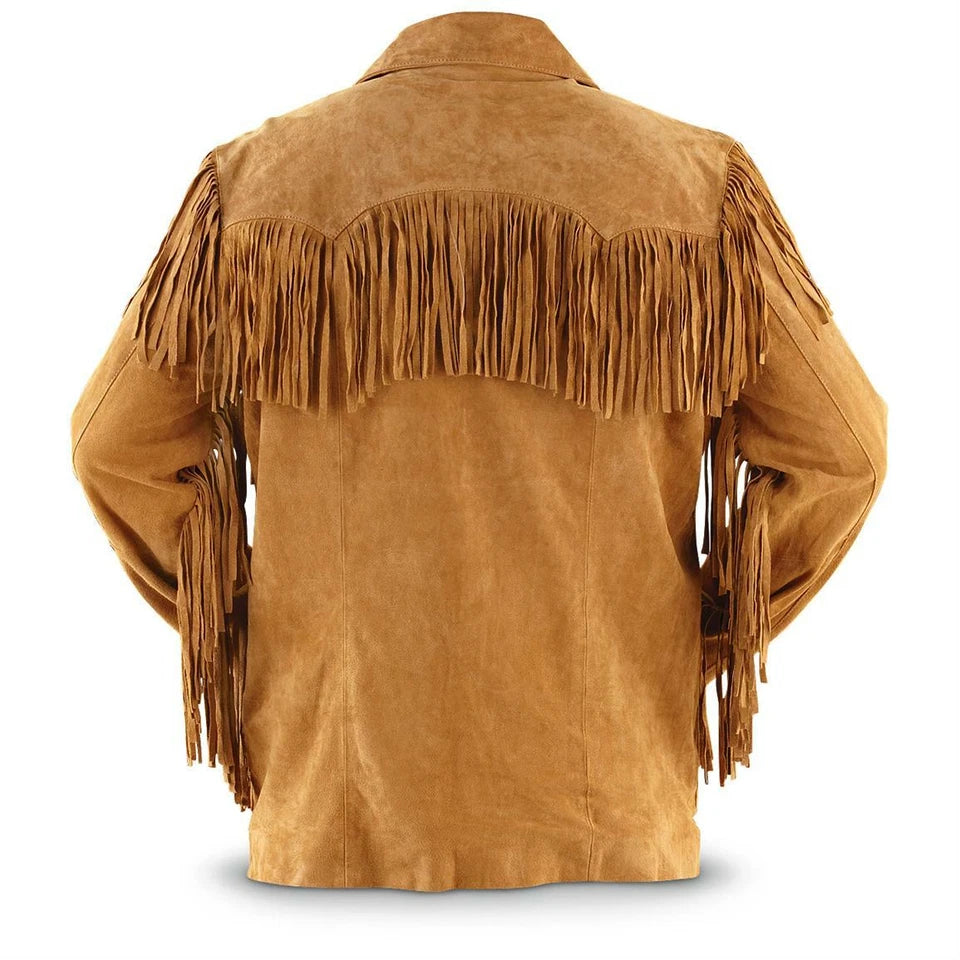 Men Western Cowboy Suede Fringe Jacket Native American Fringe Leather Jacket